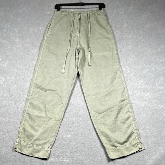 Zara Pants Womens Small Green Linen Blend Elastic Waist Drawstring Relaxed Fit - Picture 1 of 11